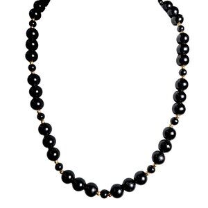 Faux Shadow Pearl Onyx Beaded Necklace with Gold Tone Beads